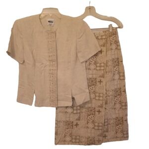 Leslie Fay Dresses Petites 10P Skirt Set Tan Embroidered Print Faux Wrap-around